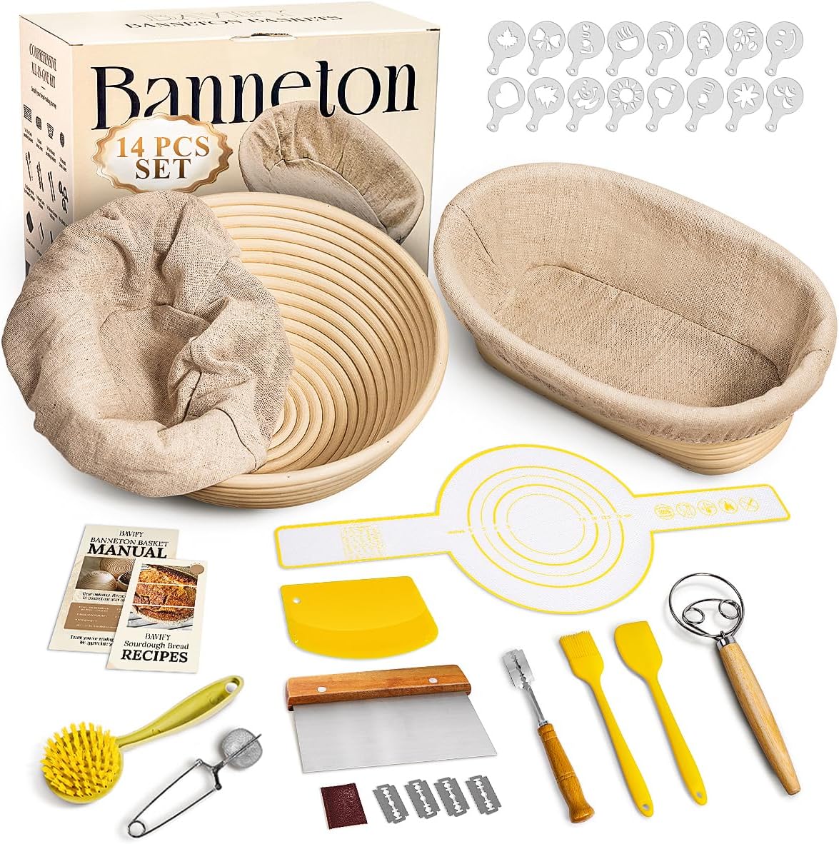 Banneton Bread Proofing Basket Sourdough Bread Baking Supplies, Sourdough Starter Kit with 9" Round & 10" Oval Banneton Baskets, Bread Lame, Sling, Spatula, Scraper, Dough Whisk