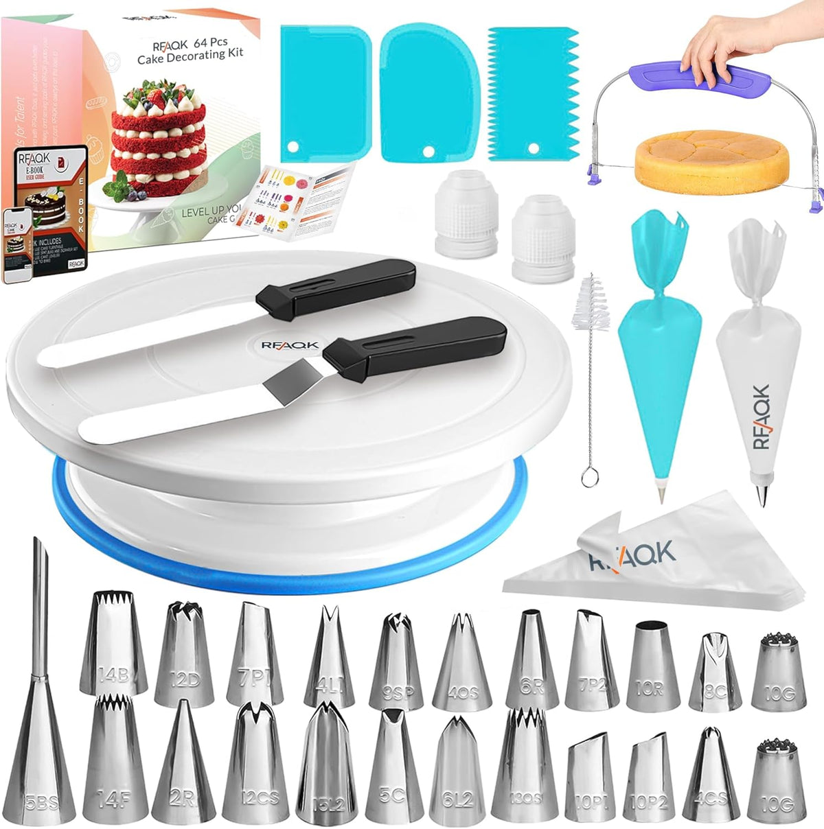 RFAQK 64 PCs Cake Decorating Kit for Beginners Includes Video Course, Booklet + Baking Supplies Gift - Cake Stand, Leveler, 24 Numbered Piping Tips, Straight & Offset Spatula, & Scraper sets