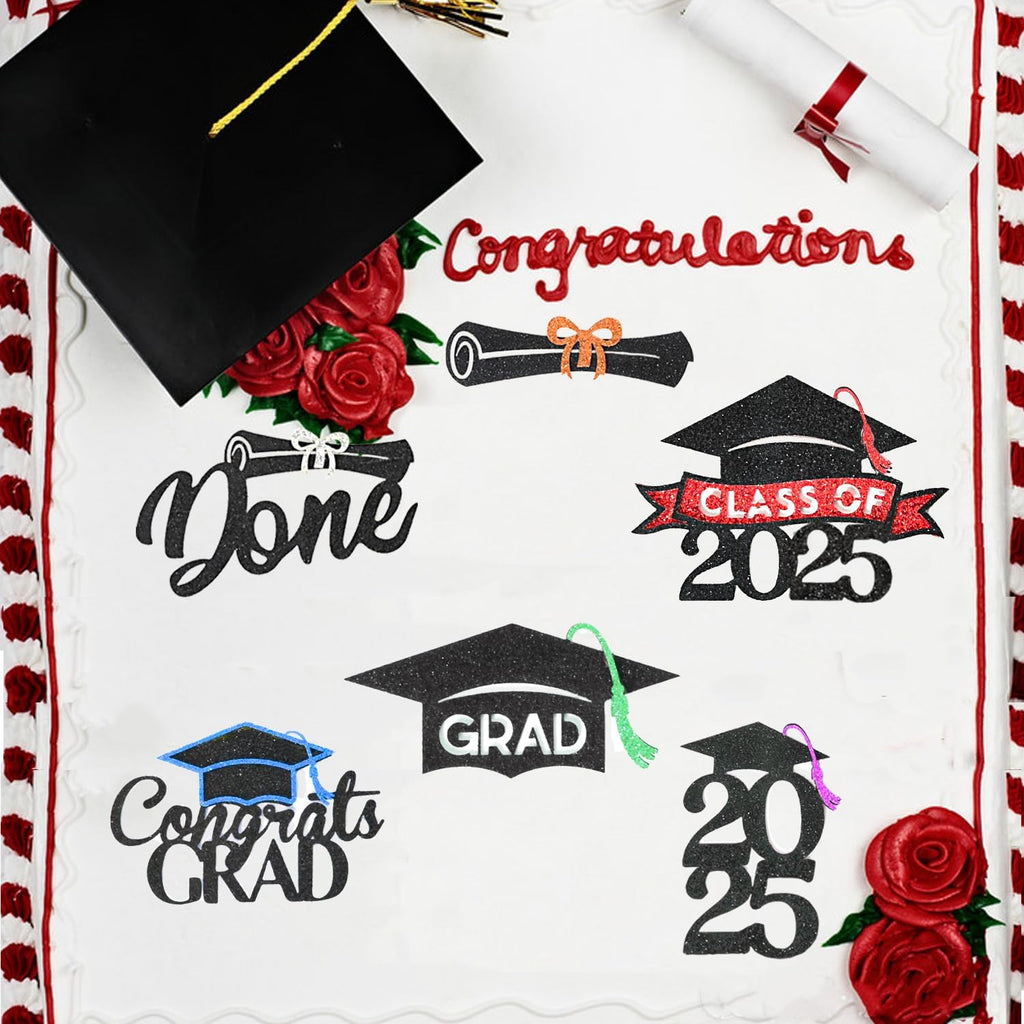 24 Pack 2025 Congrats Grad Cupcake Toppers Set, Glitter Graduation Cupcake Decor, Class of Cupcake Picks for Senior High School College Grad Party Decorations Supplies(Black with Gold) A