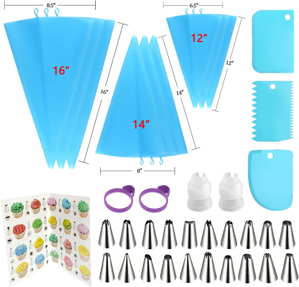 Reusable Piping Bags and Tips Set - Silicone Pastry Bags 3X (12’’+14’’+16’’) with Icing & Frosting Tips for Cake Decorating, Cupcakes, Cookies, Deviled Eggs, and Baking Accessories, Baking Tools Kit