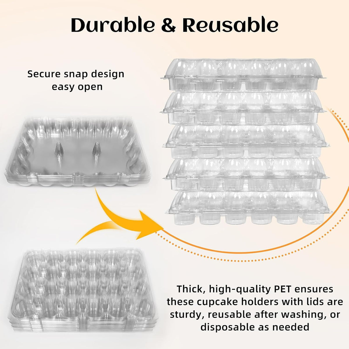 24 Count x 10 Sets Plastic Cupcake Containers, Durable and BPA-Free Cupcake Holder with Lid for Easy Transport Storage, Stackable Clear Cupcake Carriers, Reusable Dessert Boxes