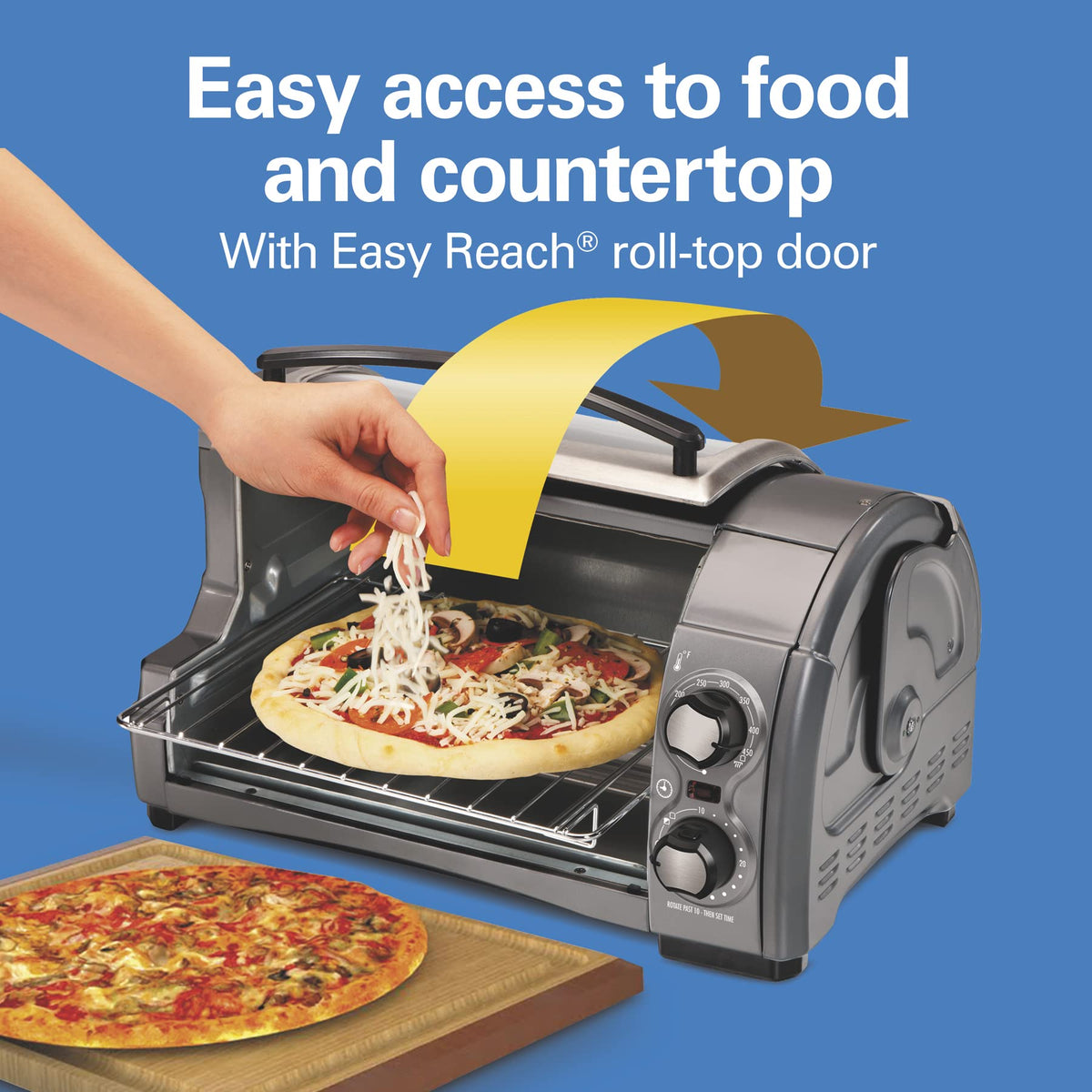 Hamilton Beach Easy Reach 4-Slice Countertop Toaster Oven With Roll-Top Door, 1200 W, Pasuje do pizzy 9”, 3 funkcje pieczenia: pieczenie, grillowanie i tostowanie, Srebrny (31344DA)