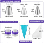 27-Piece Russian Piping Tips Set - Icing Bags and Tips Set Cake Decorating(12 Icing Tips 10 Pastry Baking Bags 2 Leaf Piping Tips 2 Couplers 1 Silicone Bag)