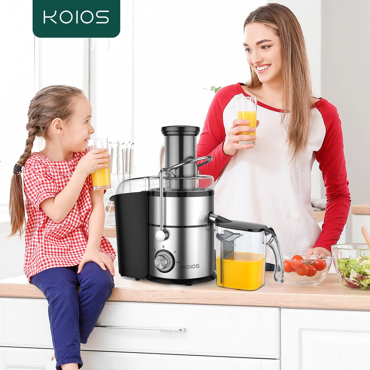 Wyciskarki do soku KOIOS o mocy 1300 W, wyciskarka do soku z bardzo dużym 3-calowym podajnikiem, w pełni miedziany silnik, filtr pokryty tytanem, wysoka wydajność soku, tryb 3 prędkości, łatwe czyszczenie szczotką, bez BPA