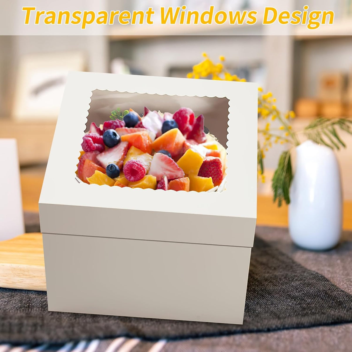 WINKIO 4 Pack Cake Boxes 12 Inch, Disposable Cake Transport Container, White Bakery Boxes with Large Window, for Cookies Pies Cupcakes Pastry (12×12×8 Inches)