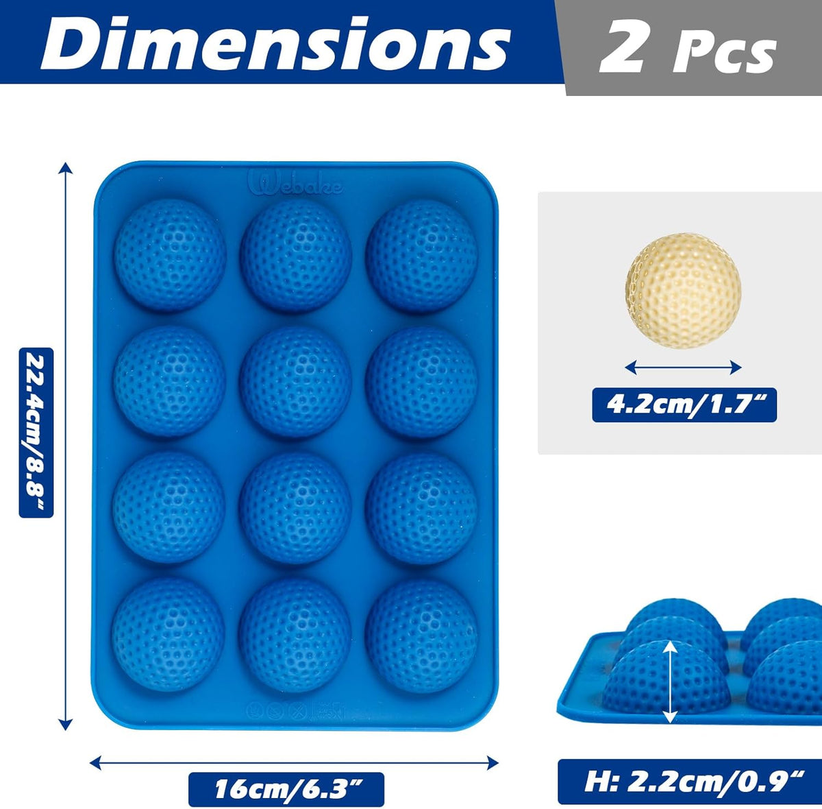 Webake Golf Ball Chocolate Molds, Silicone 12-Cavity Mold for Cake Decorations, Hot Chocolate Bomb, Candy (Pack of 2)