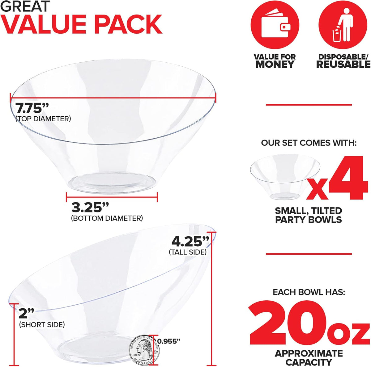 20oz Clear Plastic Serving Bowls (4 Pack) Medium Disposable Candy Dishes, Buffet Containers, Chips, Popcorn, Snacks, Mints, Salad Bar, Snack Bowl, Parties, Office Desk, Bridal Shower, Party Supplies