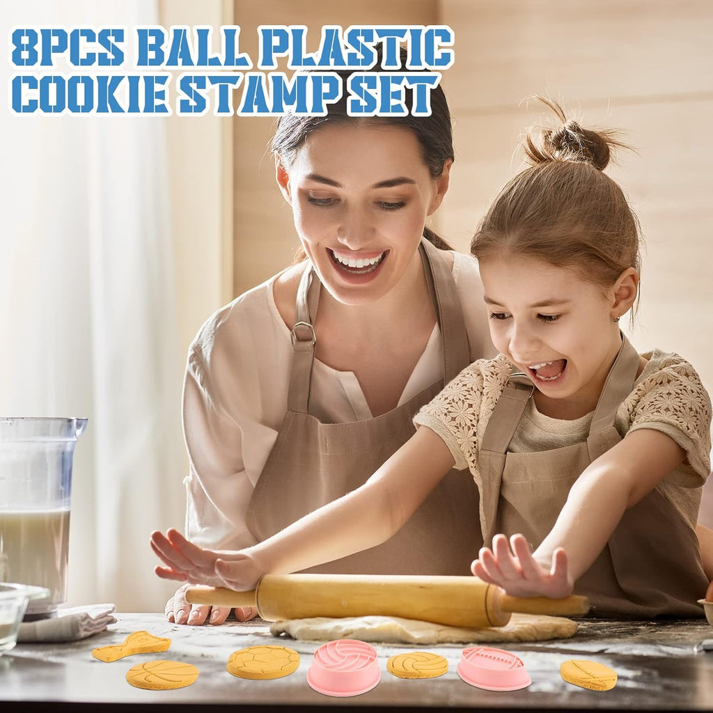 8 Pieces Sport Ball and Birthday Cookie Stamps with Plunger Cutters Set 3D Football Volleyball Soccer Basketball Cake Flower Shape Biscuit Cutter Cookie Stamps for DIY Supplies(Ball Style)