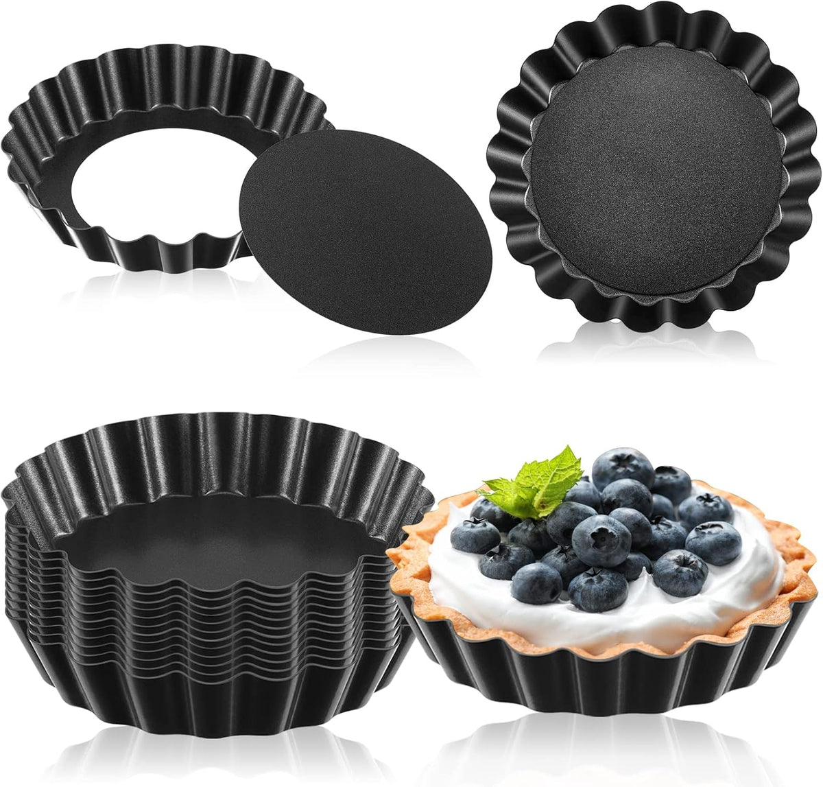 Tessco 16 Pieces Mini Tart Pans with Removable Bottom Nonstick Quiche Mini Pie Tart Pans Bakeware Mold Fluted Side for Pies(Black Gray Round,3 Inch)