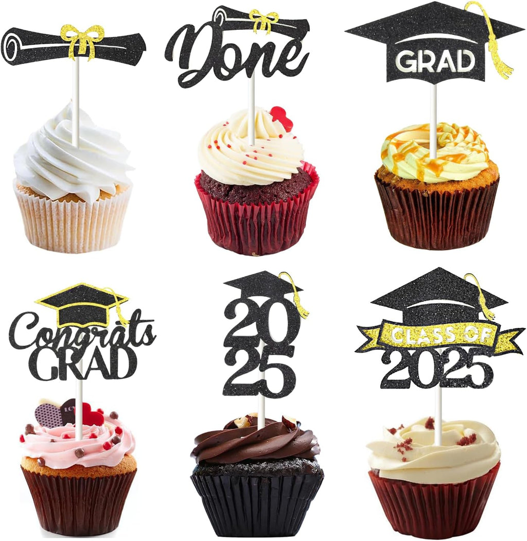 24 Pack 2025 Congrats Grad Cupcake Toppers Set, Glitter Graduation Cupcake Decor, Class of Cupcake Picks for Senior High School College Grad Party Decorations Supplies(Black with Gold) A