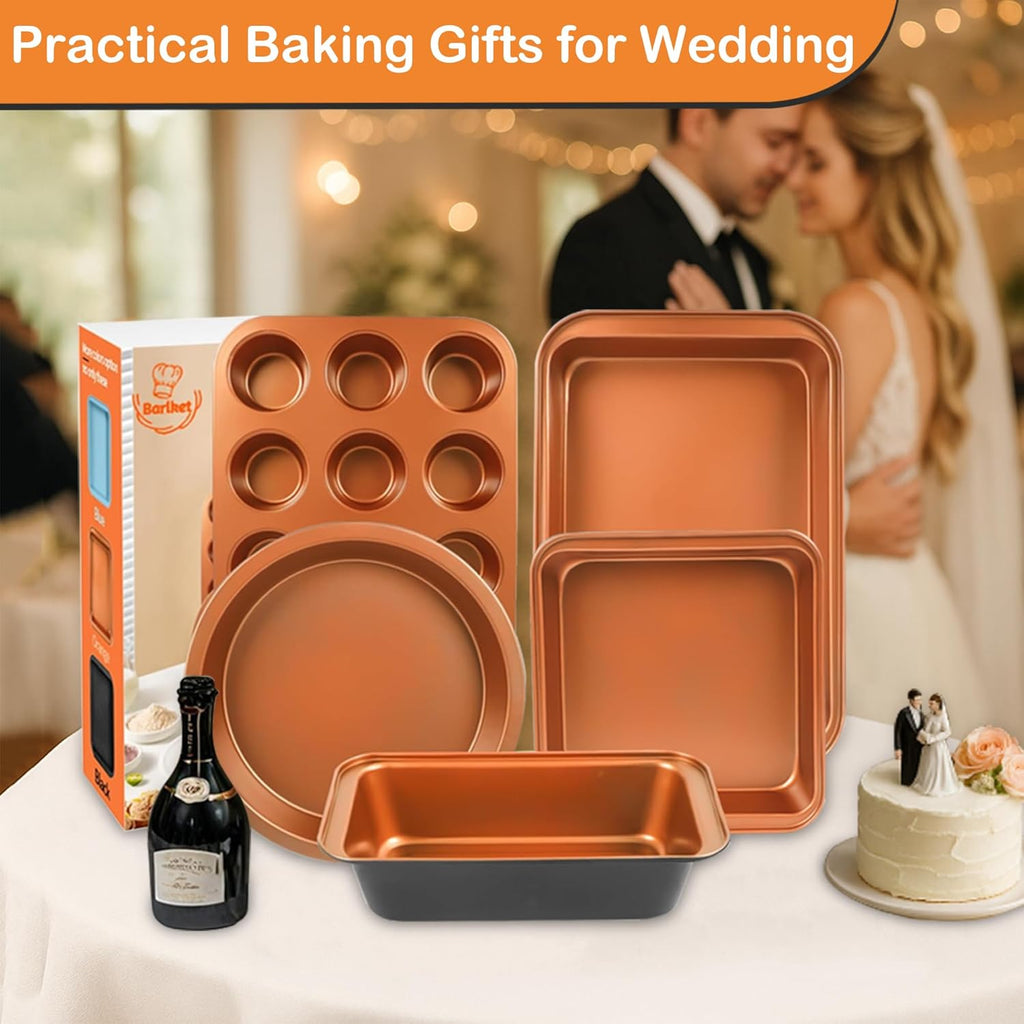 Baking Pans Set 6-Pieces, Non Stick Bakeware Set Stackable, with Cookie Sheet, Muffin, Round/Square Cake Pan, Loaf Pan, Rack, Oven Mitt for Home Baker, Gold