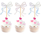 20 Pack Bow Cupcake Toppers Birthday Bowknot Ribbons Coquette Pink Bow High Footed Cup Balloon Wall Party Decorations Bridal Cake Dessert Picks Baby Girl Boy Wedding Party Supplies pink1