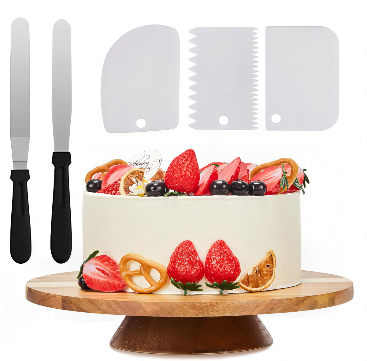 12" Acacia Wood Revolving Cake Stand, 2" High Rotating Cake Turntable, Wooden Rotating Display Stand for Cake, Cupcake Decorating Supplies
