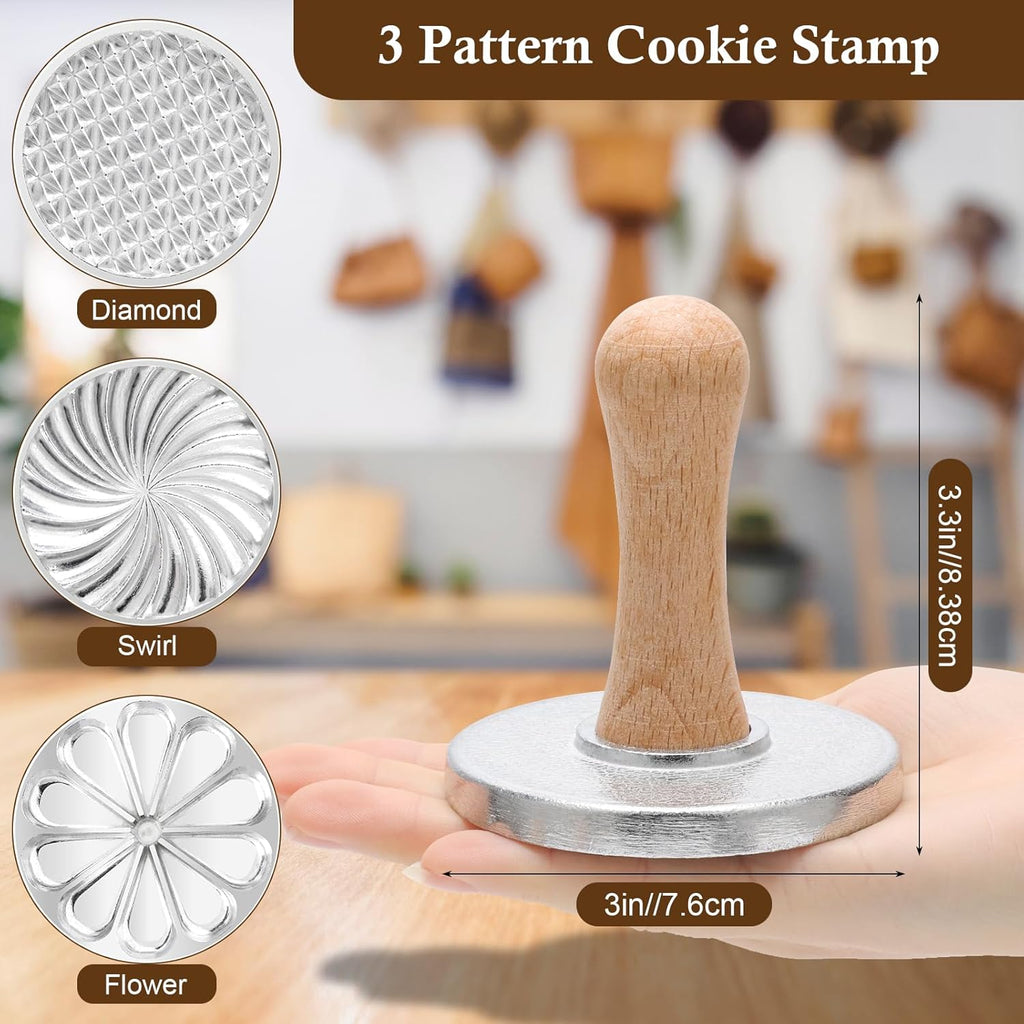 3+5 Cookie Stamps Biscuit Cutter Set, Luxiv 3 Molds Metal Cookie Press Mold Wooden Handle Embossing Stamper, 5 Size Cookie Cutter Tool, Hand-press Biscuit Stamper for DIY Baking Tool