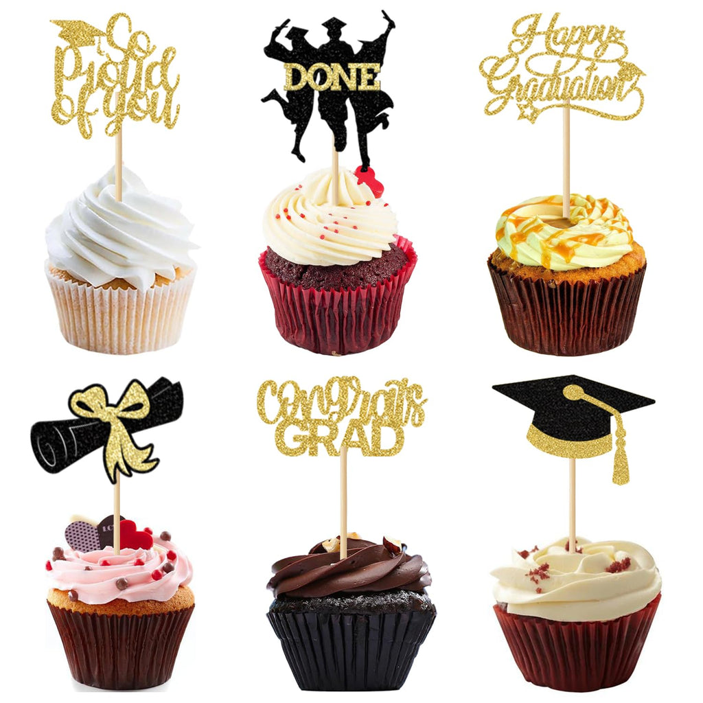 24 Pack 2025 Congrats Grad Cupcake Toppers Set, Glitter Graduation Cupcake Decor, Class of Cupcake Picks for Senior High School College Grad Party Decorations Supplies(Black with Gold) A