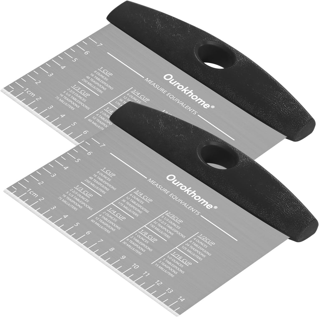 Ourokhome Dough Pastry Bench Cutter Scraper, Stainless Steel Pizza Cutter for Kitchen Baking, Dishwasher Safe, Anti-Wear Laser-Engraved Measuring Scale and Conversion Chart, 2 Pack, Black