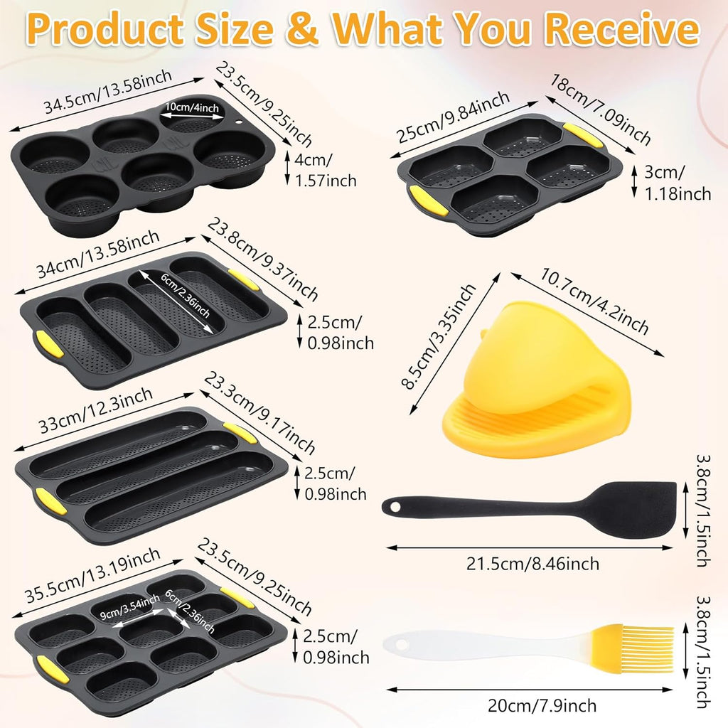8 Pcs Silicone Baguette Hamburger Bun Baking Pan Set 4 6 9 Cup French Bun Mold 3 Cup Nonstick Baguette Bread Pan with Tool for Homemade Bread Loaf Sandwich Microwave