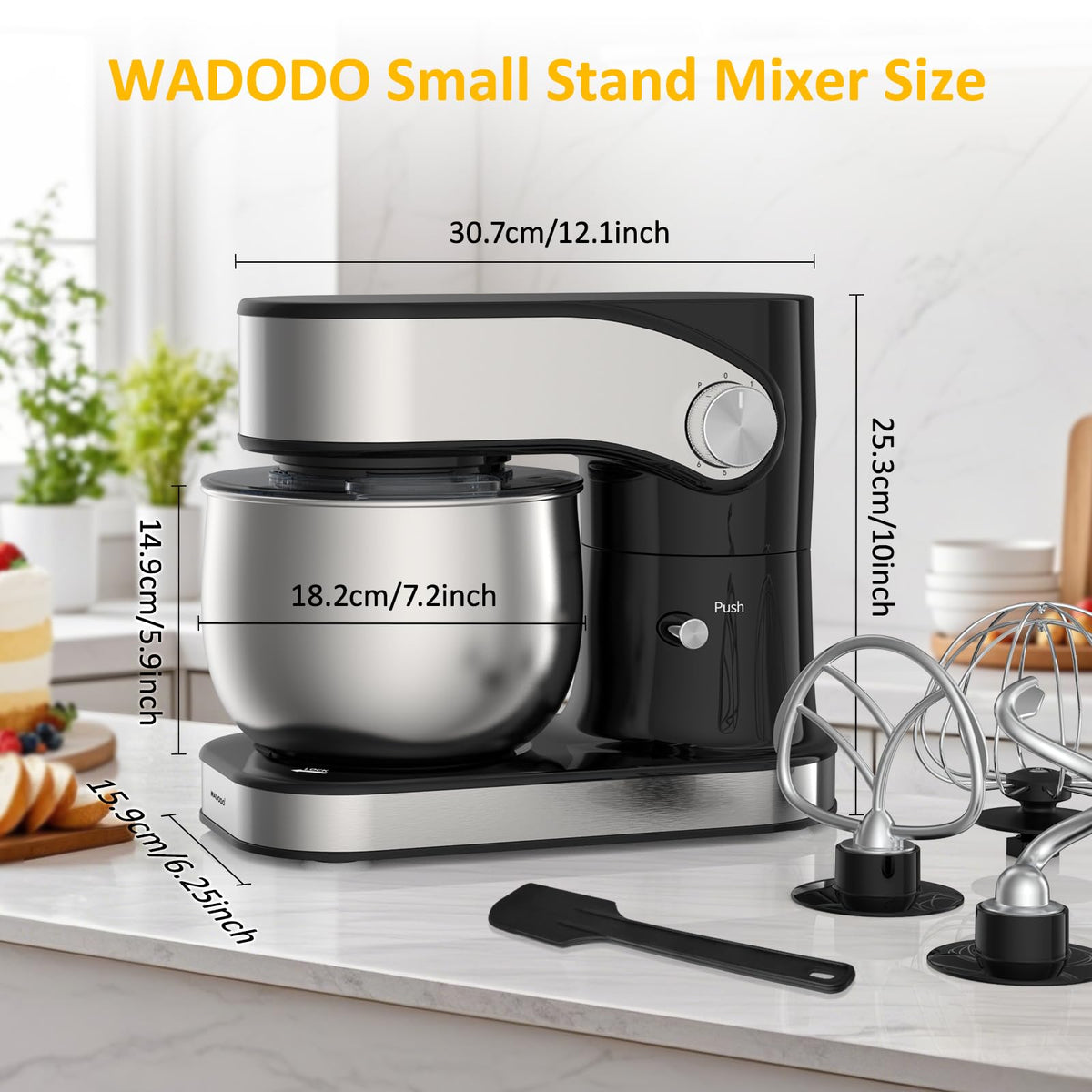 WADODO Stand Mixer, 3.2Qt Small Kitchen Mixer,6 Speeds Electric Food Mixer,Lightweight 304 Stainless Steel Kitchen Mixer with Bowl, Egg Whisk, Dough Hook, Flat Beater & Splash Guard - for Daily Use