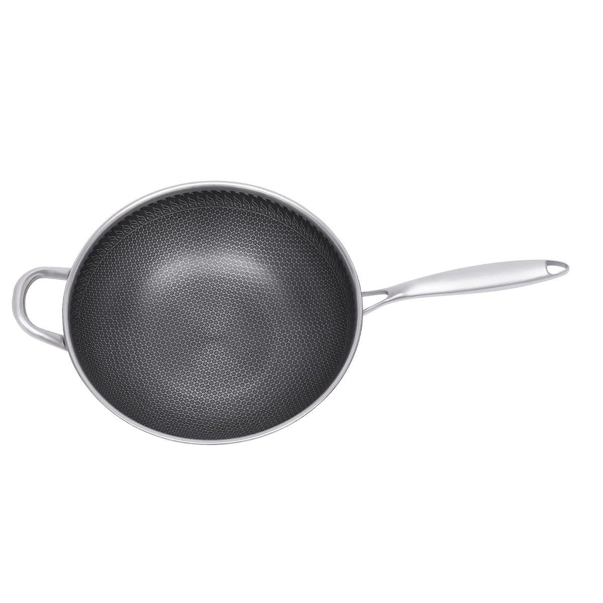 12-calowa patelnia wok ze stali nierdzewnej z pokrywką, powłoka plastra miodu, woki i patelnie do smażenia, nieprzywierający wok, zestaw indukcyjny, chiński wok, bez powłoki chemicznej, do indukcji, elektryczności, gazu, halogenu