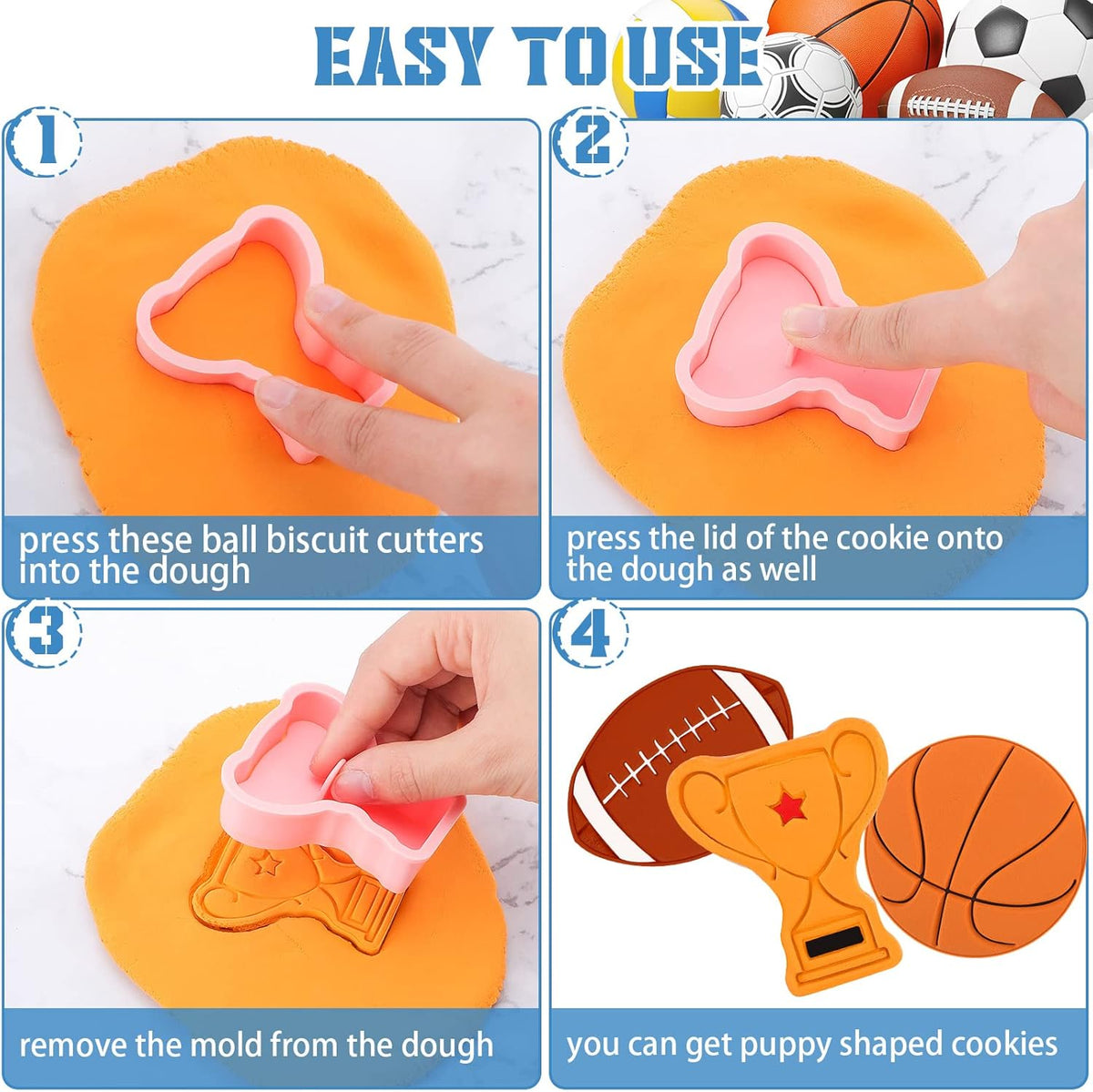 8 Pieces Sport Ball and Birthday Cookie Stamps with Plunger Cutters Set 3D Football Volleyball Soccer Basketball Cake Flower Shape Biscuit Cutter Cookie Stamps for DIY Supplies(Ball Style)