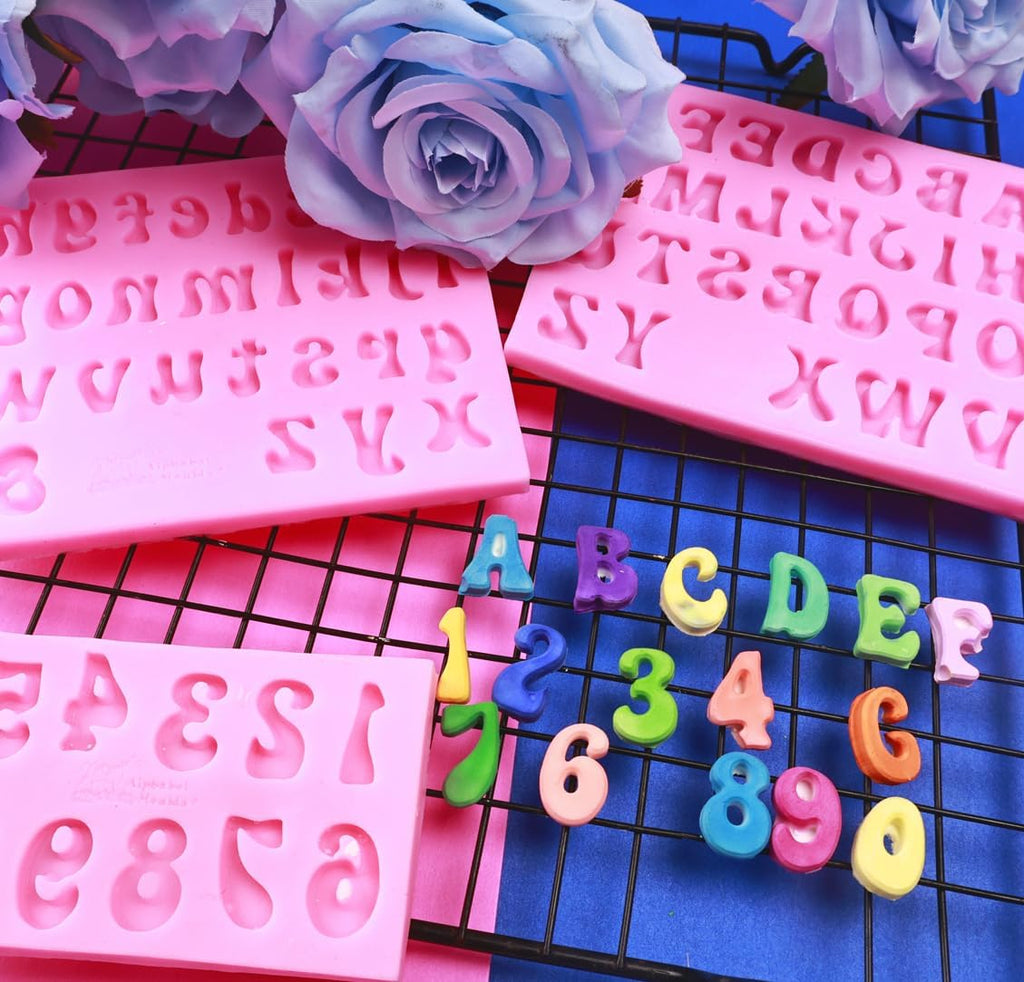 Letters Molds and Numbers Molds, Silicone Fondant Mold Chocolate Molds, 0-9 Number and 26 Letters Silicone Molds for Baking Desserts and Cake Decoration (3 pack)
