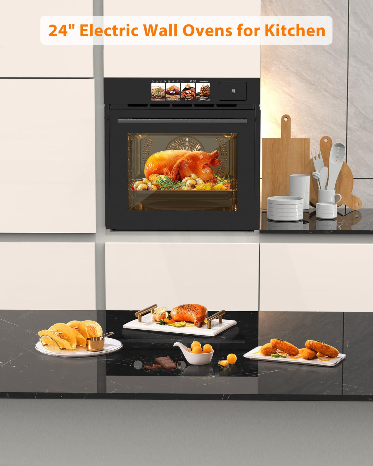 GarveeHome 24" pojedynczy piekarnik ścienny, wbudowany piekarnik elektryczny z trybem pary, grilla i smażenia na powietrzu, 3000 W, 240 V, 2,5 stopy sześciennej stali nierdzewnej, wbudowany piekarnik konwekcyjny, zaawansowany ekran TFT