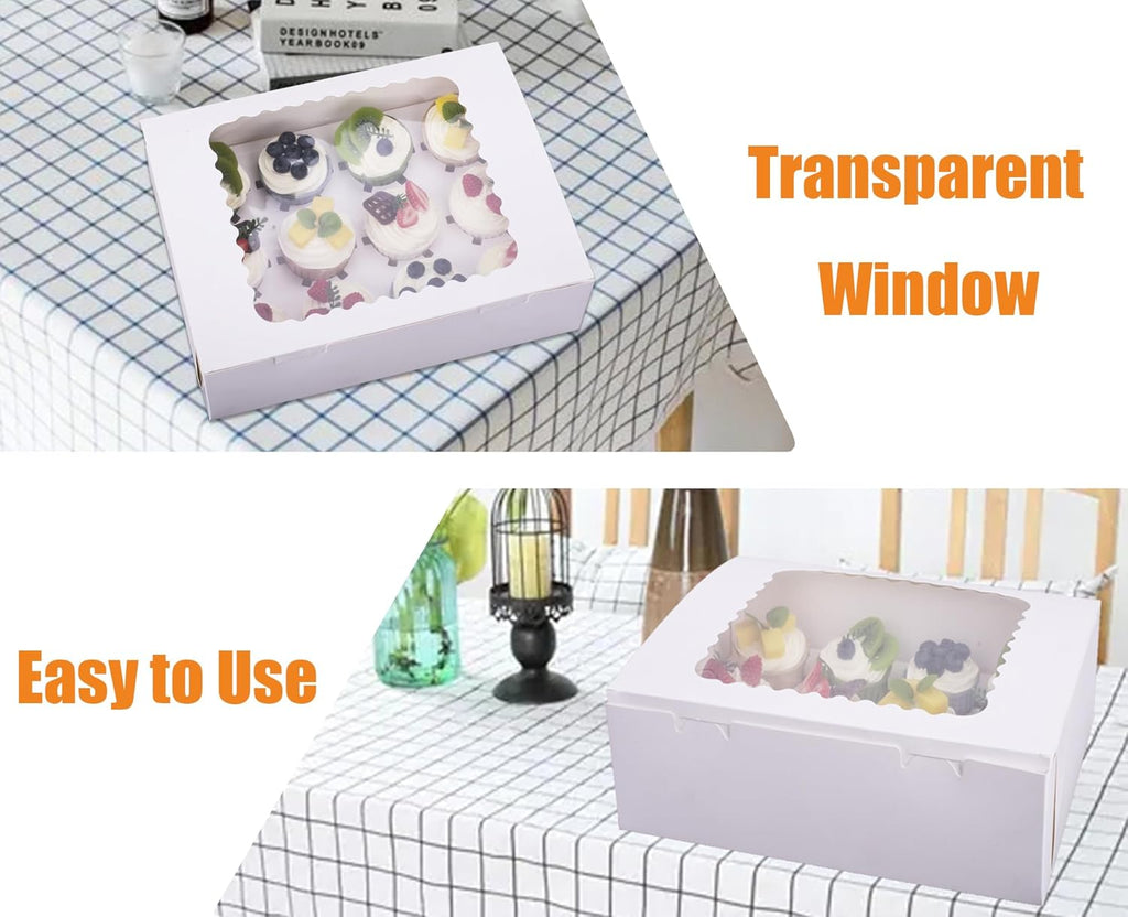 6-Set Cupcake Boxes Hold 12 Standard Cupcakes, Food Grade Cupcake Holders Bakery Carrier Boxes with Windows and Inserts for Cupcakes, Muffins and Pastries (White-6 Pack)