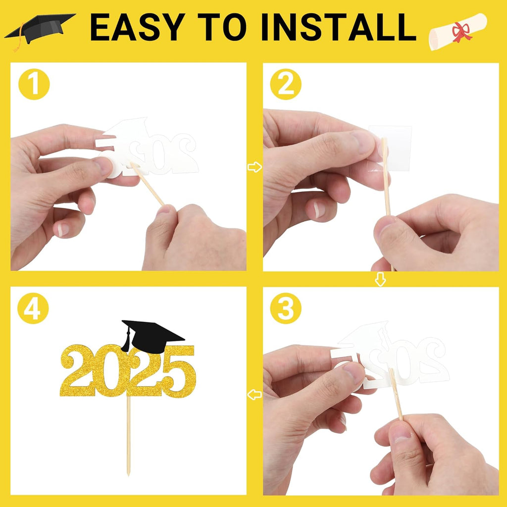 48 PCS Graduation Cupcake Toppers 2025, 6 Style Black and Gold Graduation Cake Toppers, Glitter Design Class of 2025 Toppers Grad Cupcake Picks, Disposable 2025 Graduation Decorations