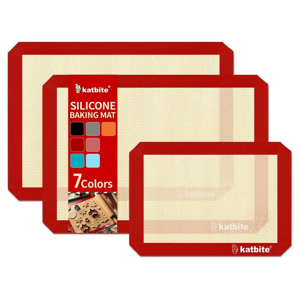 Silicone Baking Mat, Katbite Large Baking Mat Set of 3-2 Half Sheets Mats (11 5/8" x 16 1/2") + 1 Quarter Baking Sheets, Reusable & Nonstick Bakeware Mats for Cookies, Macarons, Bread and Pastry