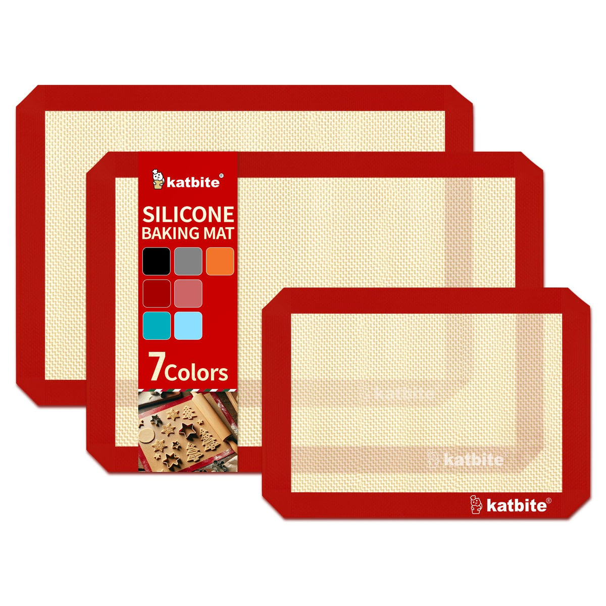 Silicone Baking Mat, Katbite Large Baking Mat Set of 3-2 Half Sheets Mats (11 5/8" x 16 1/2") + 1 Quarter Baking Sheets, Reusable & Nonstick Bakeware Mats for Cookies, Macarons, Bread and Pastry