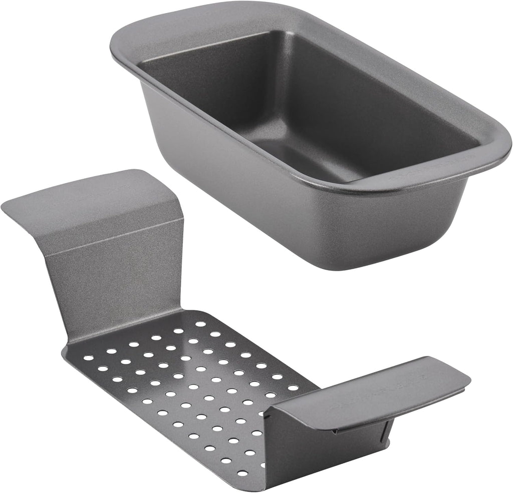 Rachael Ray Bakeware Meatloaf/Nonstick Baking Loaf Pan with Insert, 9 Inch x 5 Inch, Gray