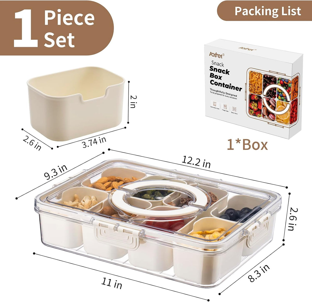 Snack Box Container, Dishwasher Safe Fruit Storage Containers, Divided Serving Tray with Lid for Veggie, Candy and Nuts Organizer, Snackle Charcuterie Boxes for Kids, Adults Travel, Party and Picnic