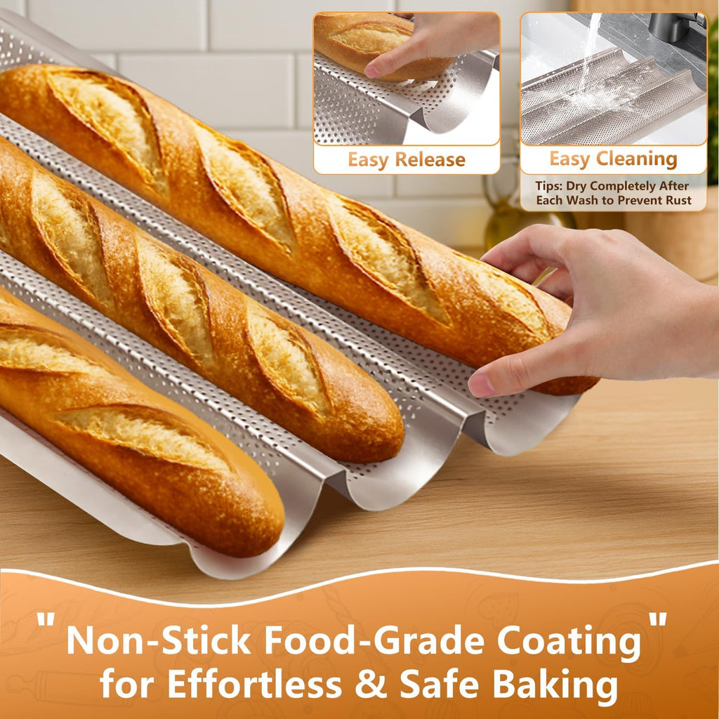 Baguette Pans 15" x 11", 3 Loaf Nonstick Baguette Baking Tray for French & Italian Bread with Proofing Cloth, Scoring Tool & 50pcs Parchment Paper, Home Bread Baking Supplies Kit