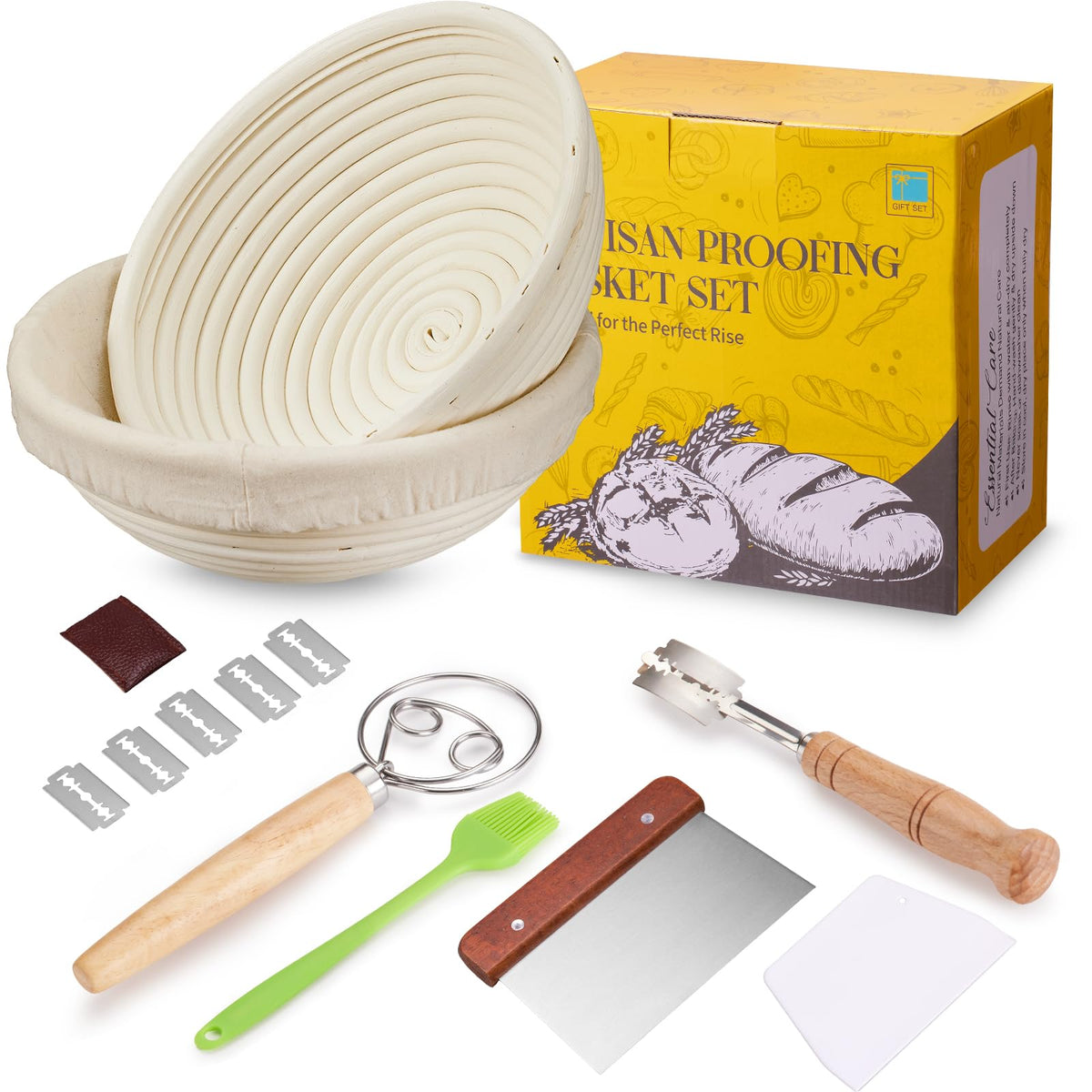 Banneton Bread Proofing Basket Banneton Basket Set Sourdough Proofing Basket Round Proofing Bowls Handmade Rattan Baskets and Liners (Round 9 inch set of 2)