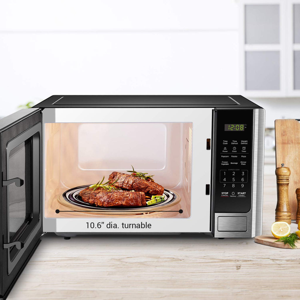 BLACK+DECKER Cyfrowy Piekarnik Mikrofalowy z Talerzem Obrotowym, Przyciskiem Drzwi, Blokada Bezpieczeństwa Dziecięca, Stal Nierdzewna, 0.9 Cu Ft
