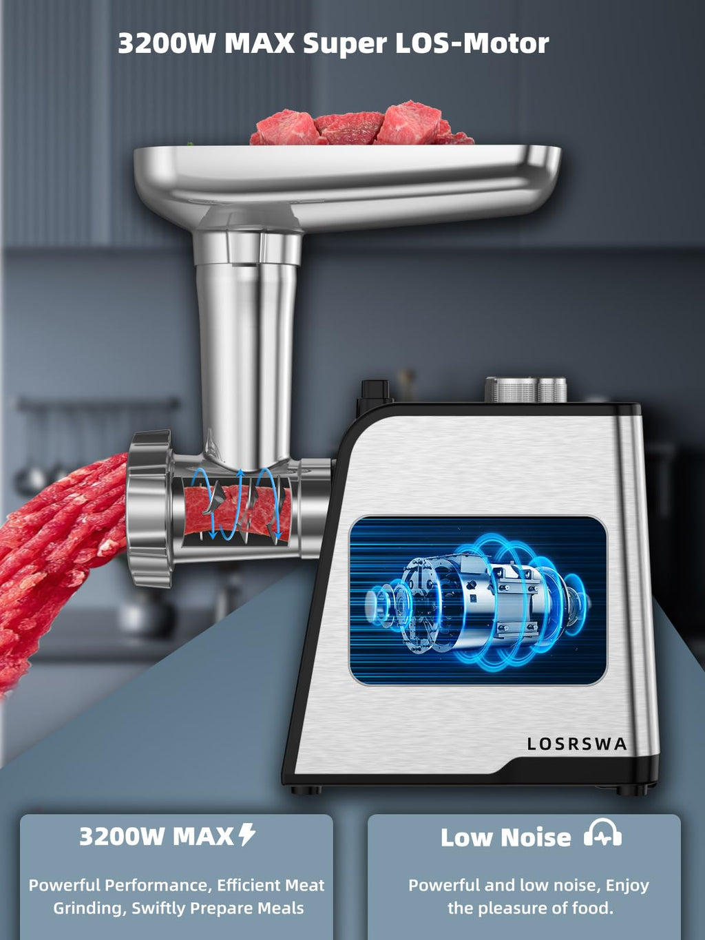 LOSRSWA 3200W Max Elektryczna Maszynka Do Mięsa i Nadziewarka Do Kiełbas - Wytrzymała Maszynka Do Mielenia z 2 Ostrzami I 3 Płytami, 3 Rurami i Zestawem Kubbe Do Użytku W Domowej Kuchni MG-S9