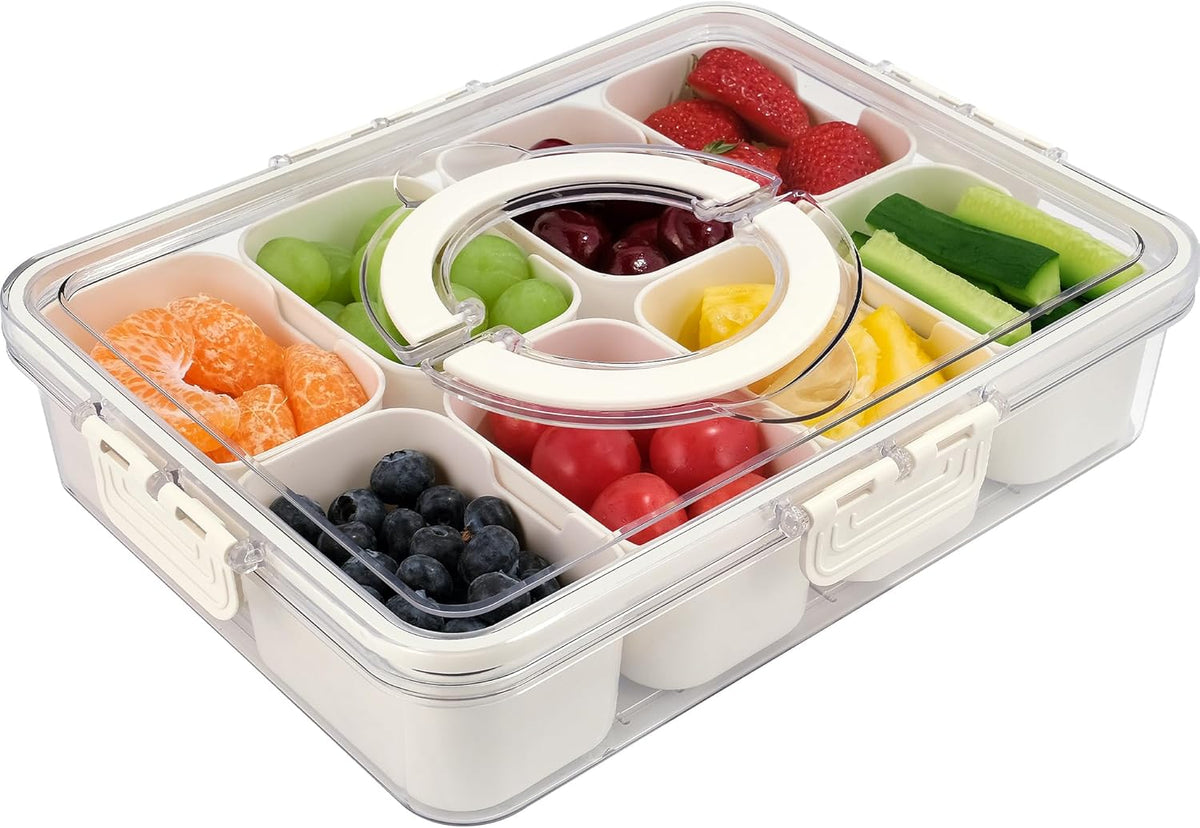 Snackle Box Container, 8 Compartments Divided Serving Tray with Lid and Handle, Portable Snack Box Containers for Veggie Tray Charcuterie Boxes Fruit Storage Candy Organizer (8 Compartments)