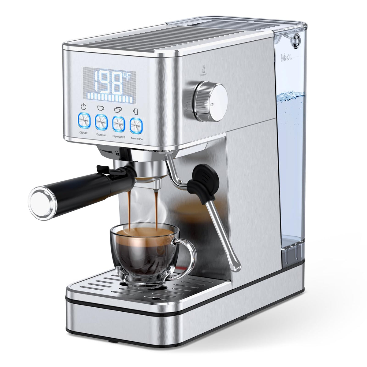 LERTIN Espresso Machine, 20Bar Compact Stainless Espresso Maker, With Milk Frother Steam Wand, 57.5OZ Removable Water Tank, Displays Making Time & Water Temperature, Cold Brew & Cappuccino, Silver