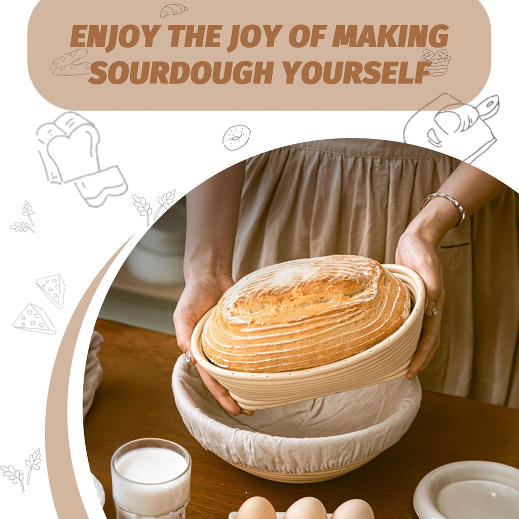 Sourdough Proofing Basket Gift Set, 9" Round and 10" Oval Banneton Bread Baking Supplies, Sourdough Baskets with Bread Lame, Danish Whish, Bowl Scraper, Sourdough Scraper, and Linen Liners