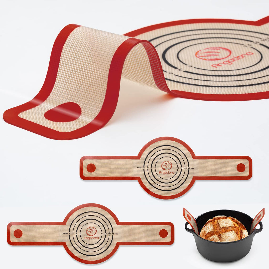 Silicone Bread Sling Dutch Oven - Best Japan Silicone Non-Stick & Easy Clean Reusable Baking Mat With Extra Long Handles, 2 Grey Set for Transferable Dough