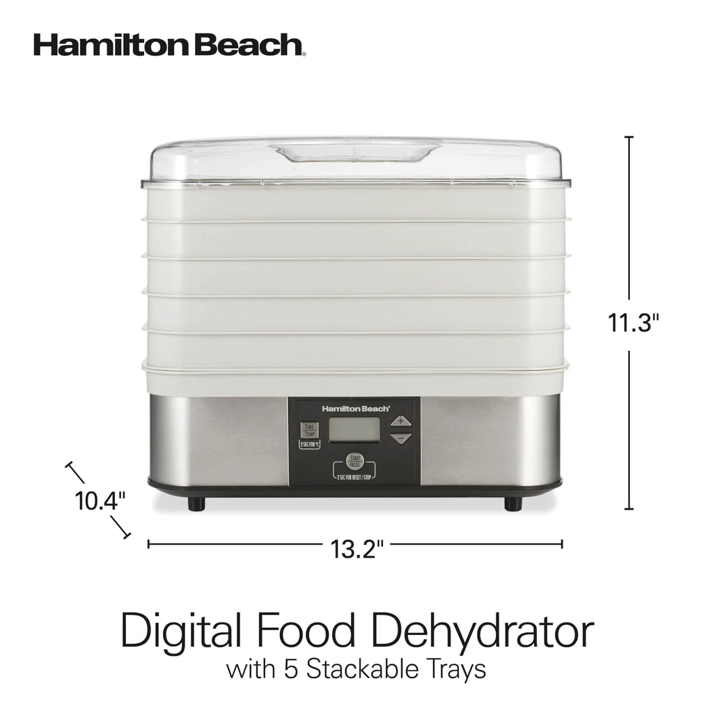 Hamilton Beach Cyfrowa suszarka do żywności do owoców i suszonego mięsa, warzyw i nie tylko, 5 tac, regulowana temperatura, 48-godzinny timer + automatyczne wyłączanie, szara (32100A)