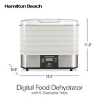 Hamilton Beach Cyfrowa suszarka do żywności do owoców i suszonego mięsa, warzyw i nie tylko, 5 tac, regulowana temperatura, 48-godzinny timer + automatyczne wyłączanie, szara (32100A)