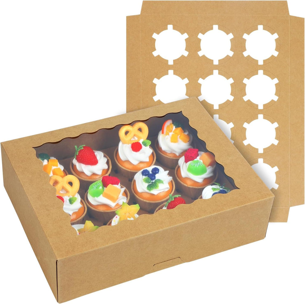 15-Set Cupcake Boxes Hold 12 Standard Cupcakes, Auto-Popup Cupcake Containers with Windows and Inserts, Brown Cupcake Carrier, Food Grade Kraft Cupcake Holders