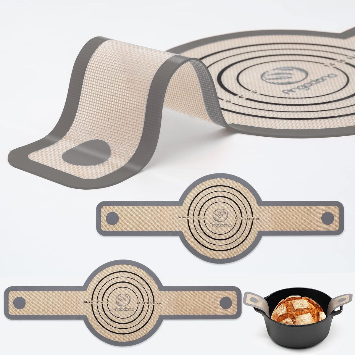 Silicone Bread Sling Dutch Oven - Best Japan Silicone Non-Stick & Easy Clean Reusable Baking Mat With Extra Long Handles, 2 Grey Set for Transferable Dough