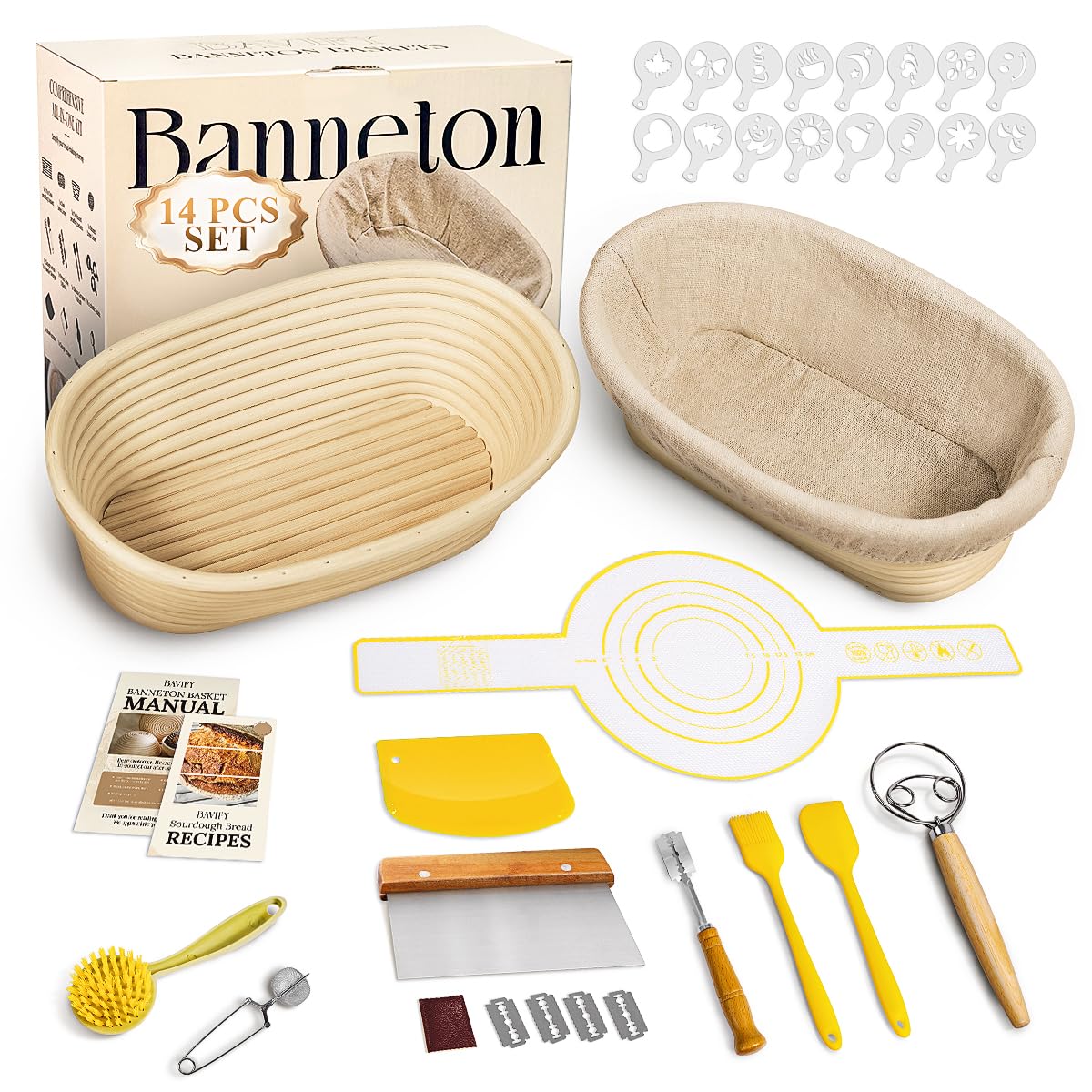 Banneton Bread Proofing Basket Sourdough Bread Baking Supplies, Sourdough Starter Kit with 9" Round & 10" Oval Banneton Baskets, Bread Lame, Sling, Spatula, Scraper, Dough Whisk