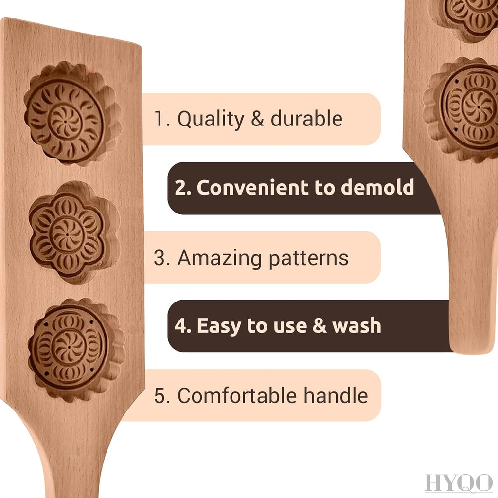Wooden Cookie Molds for Baking - Moon Cake Molder Cookie Stamps Chinese Mooncake Mold - 3 Wooden Flowers Cookie Stamp Baking Moon Cake Mold for Muffin, Chocolate Mold Pie Stamps Dough Butter