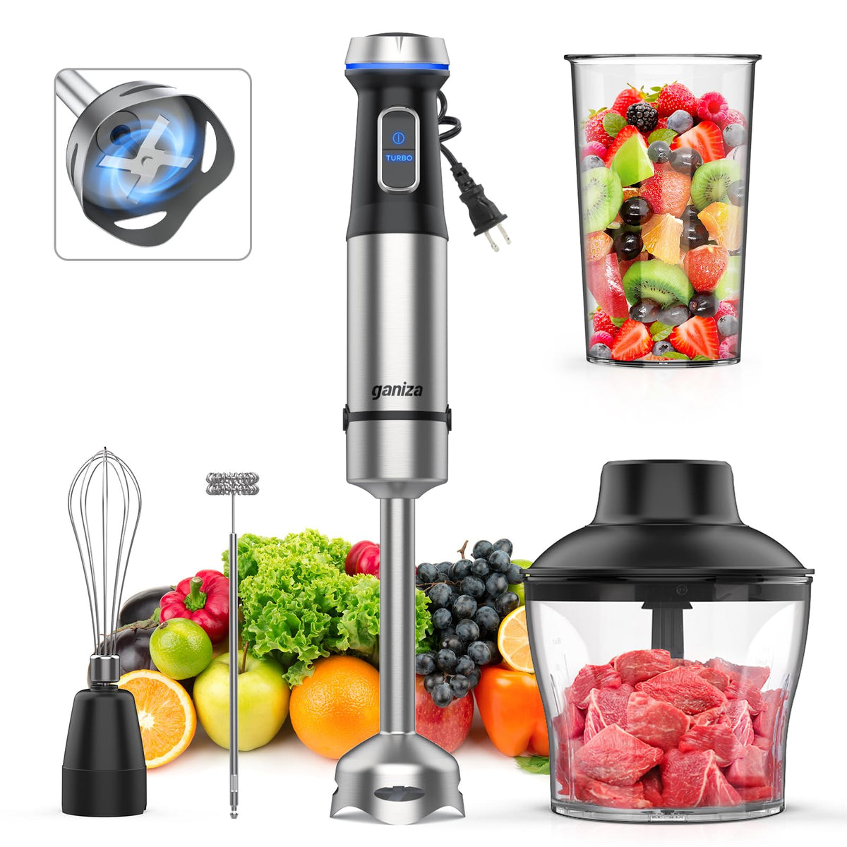 Blender ręczny Ganiza 5 w 1, silnik o mocy 1000 W, tryb ręczny z 16 prędkościami, ostrze ze stali nierdzewnej, pojemnik do mieszania o pojemności 800 ml, siekacz, trzepaczka i spieniacz do mleka o pojemności 600 ml