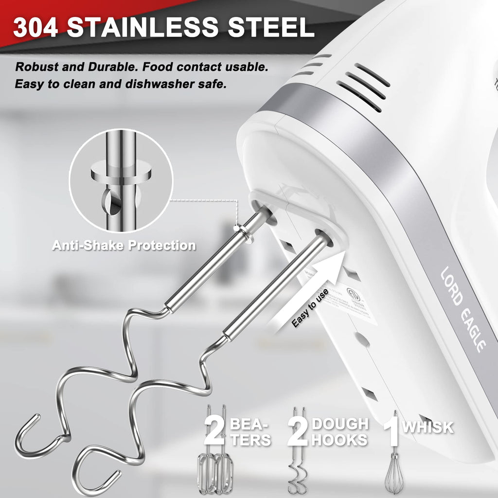 Lord Eagle Hand Mixer Electric 400W, 5 Speed handheld Mixer, 5 Stainless Steel Accessories for Baking Cake Egg Cream Food Beater, Turbo Boost/Self-Control Speed + Eject Button (White)