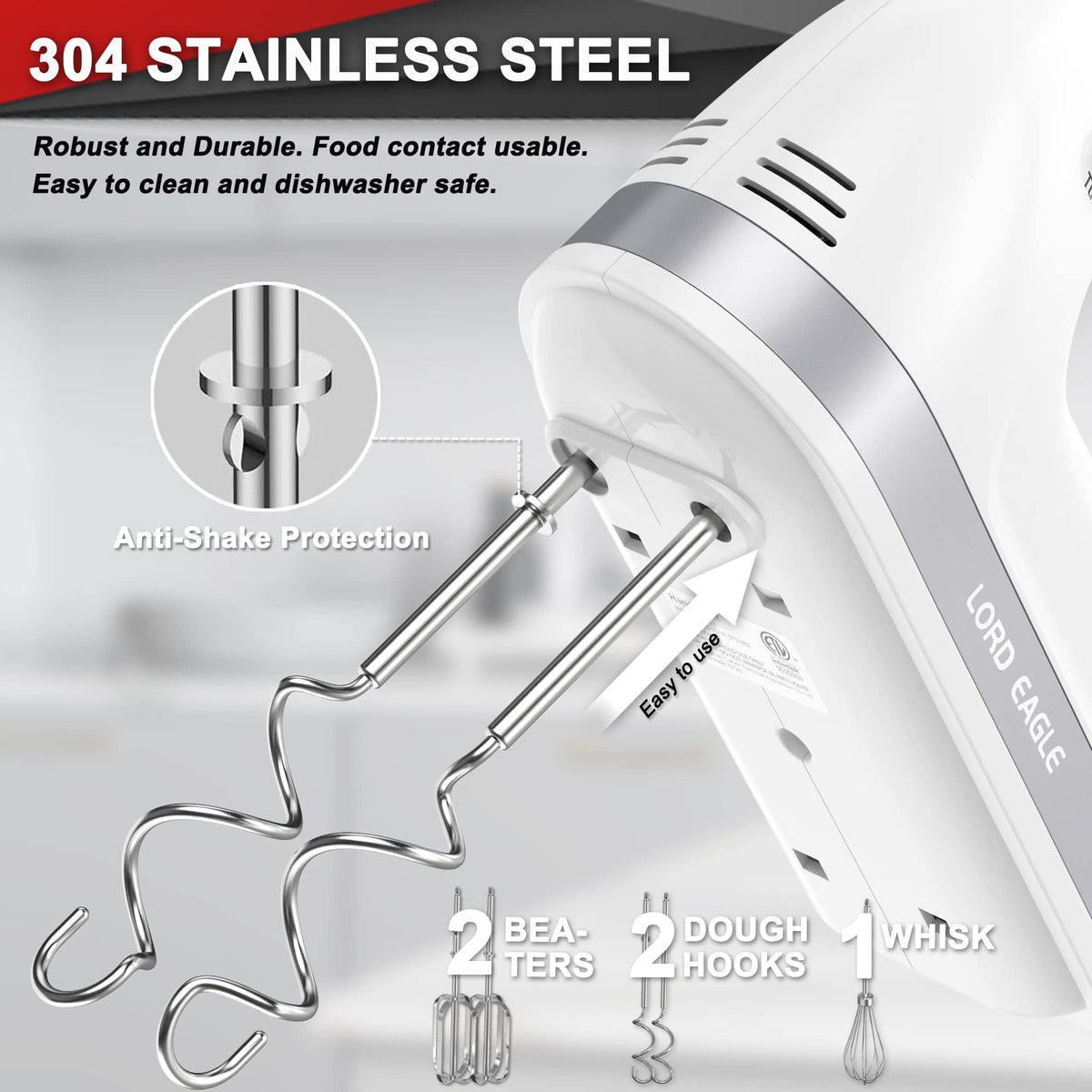 Lord Eagle Hand Mixer Electric 400W, 5 Speed handheld Mixer, 5 Stainless Steel Accessories for Baking Cake Egg Cream Food Beater, Turbo Boost/Self-Control Speed + Eject Button (White)