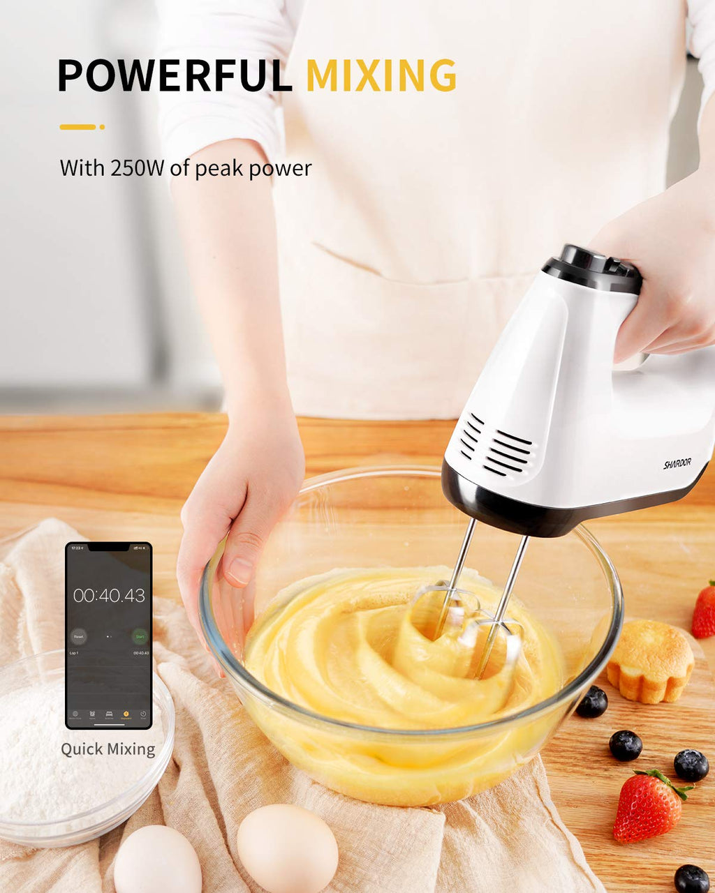 SHARDOR Hand Mixer Electric, 6 Speed & Turbo Mixer Electric Handheld, Snap-On Storage Case,5 Stainless Steel Accessories for Whipping, Mixing Cookies, Brownie, Cakes, Dough Batters, White